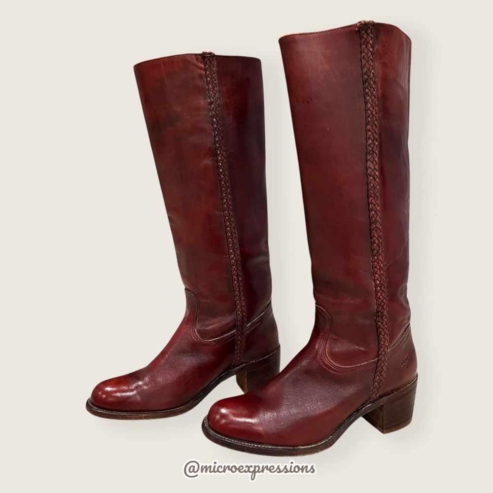 VINTAGE 1970s Frye Campus Leather Red-Brown Real Leather Braided Knee High Boot - Picture 15 of 16